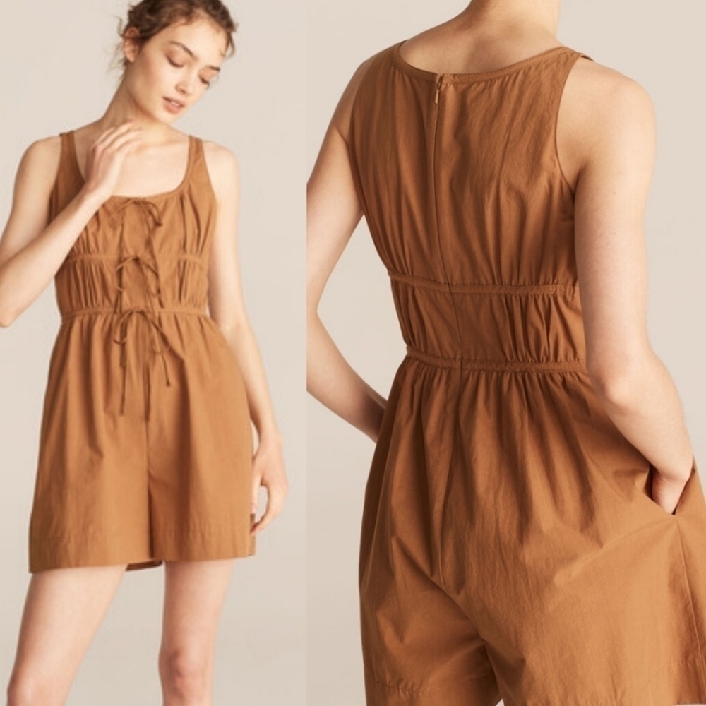 New Rebecca Taylor Poplin Tie Silk-Trim Chocolate Shorts Romper NWT Size 6
